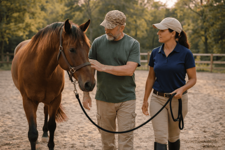 Veteran participating in an equine-assisted program with a horse and instructor in a calm outdoor arena.