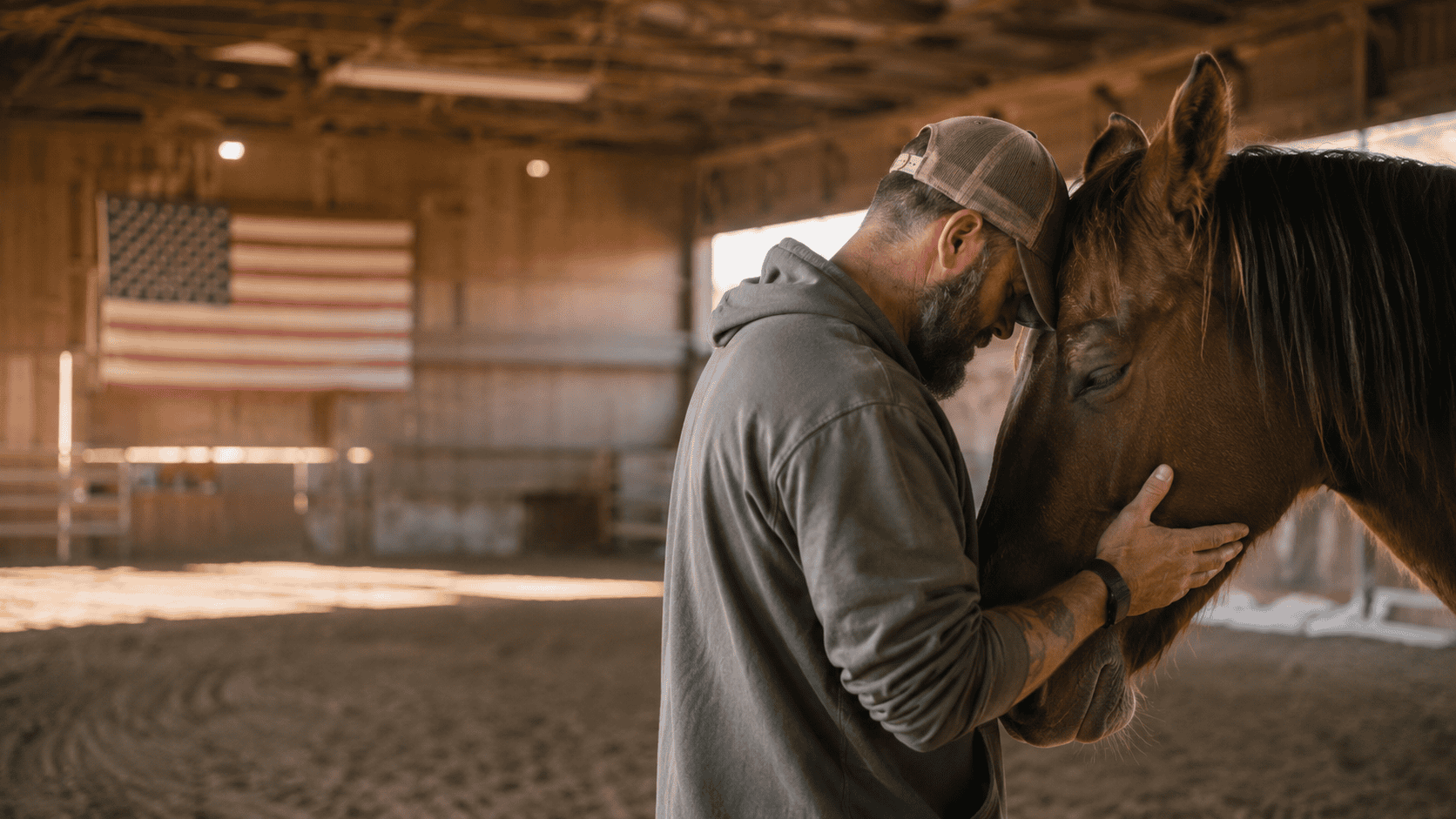 Veteran sharing a quiet moment with a therapy horse inside a rustic barn.