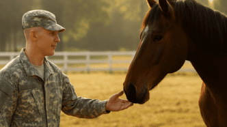 A clean-shaven military veteran in camouflage uniform gently extends his hand toward a calm bay horse in a sunlit paddock, while the horse leans forward curiously to meet him. A white fence and soft morning light frame the peaceful scene.