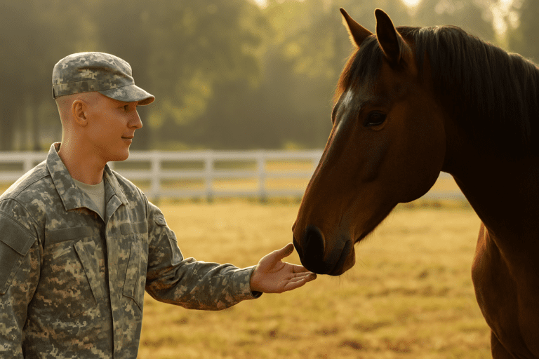 A clean-shaven military veteran in camouflage uniform gently extends his hand toward a calm bay horse in a sunlit paddock, while the horse leans forward curiously to meet him. A white fence and soft morning light frame the peaceful scene.