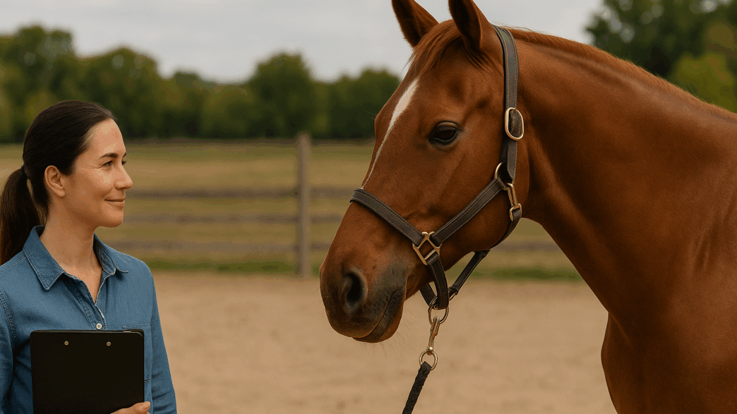 A woman standing beside a calm chestnut horse in an outdoor arena, representing equine-assisted therapy in a natural, professional setting.