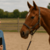 A woman standing beside a calm chestnut horse in an outdoor arena, representing equine-assisted therapy in a natural, professional setting.