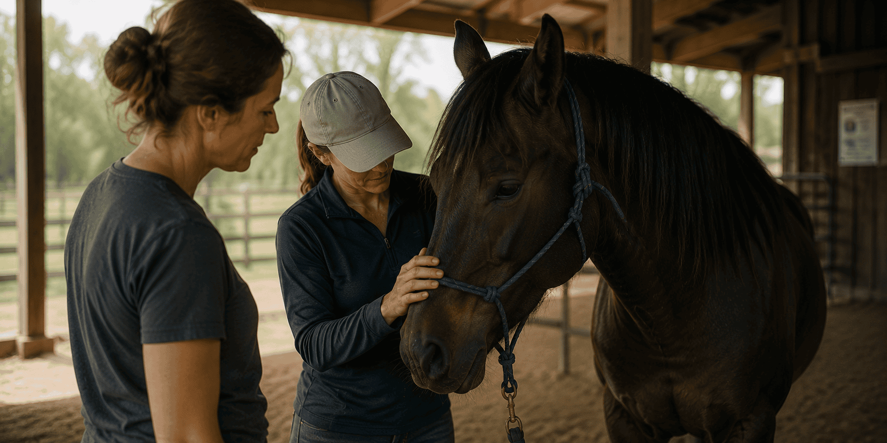 Two equine therapy professionals calmly working with a horse inside a rustic barn.