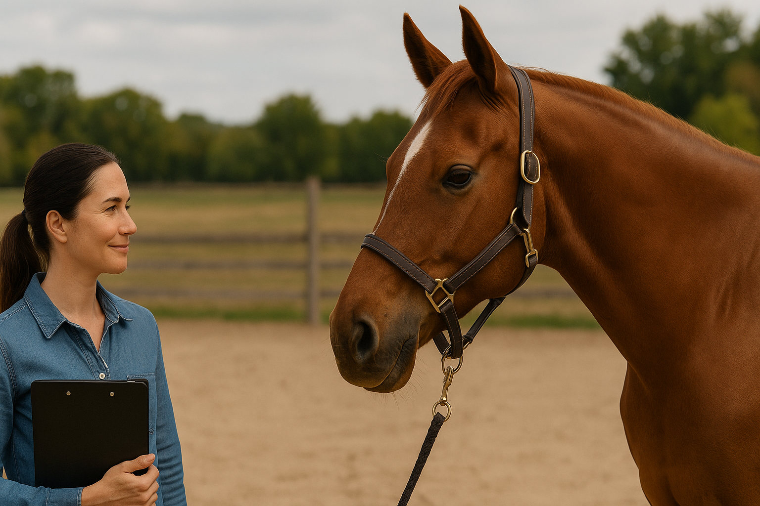 A woman standing beside a calm chestnut horse in an outdoor arena, representing equine-assisted therapy in a natural, professional setting.