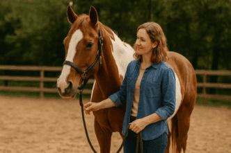 A woman standing beside a calm pinto horse in an outdoor riding arena, illustrating the supportive environment of equine therapy programs.