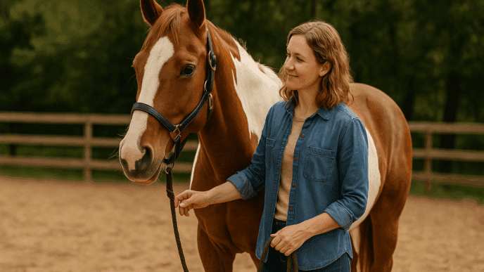 A woman standing beside a calm pinto horse in an outdoor riding arena, illustrating the supportive environment of equine therapy programs.