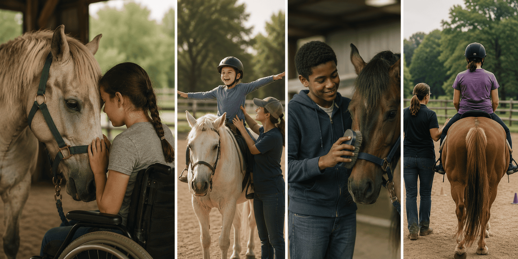 Collage showing different types of equine therapy, including horse bonding, supported riding, grooming, and guided riding.