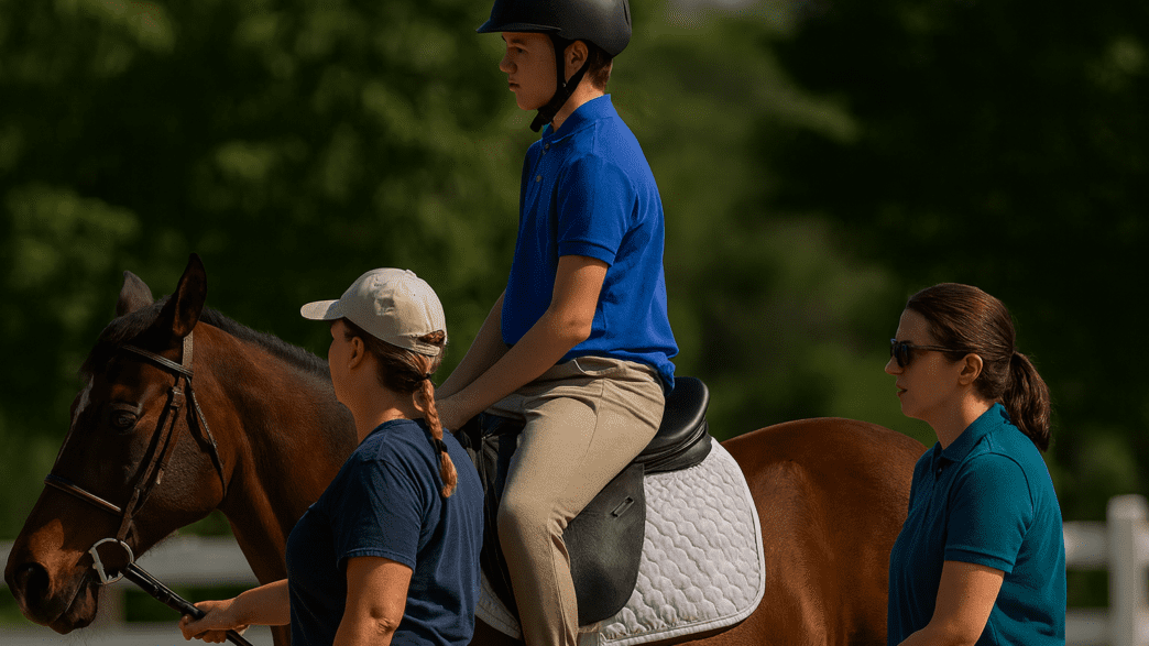 Two instructors walk beside a mounted rider during an adaptive riding session, guiding a calm bay horse in a sunny outdoor arena surrounded by green trees.