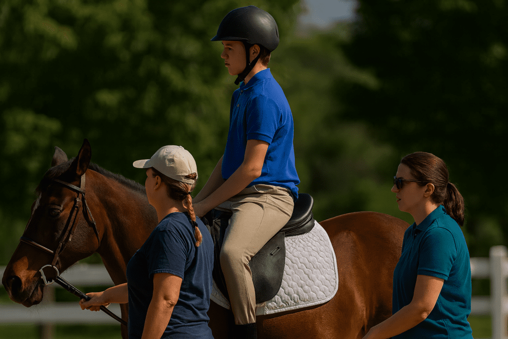 Two instructors walk beside a mounted rider during an adaptive riding session, guiding a calm bay horse in a sunny outdoor arena surrounded by green trees.