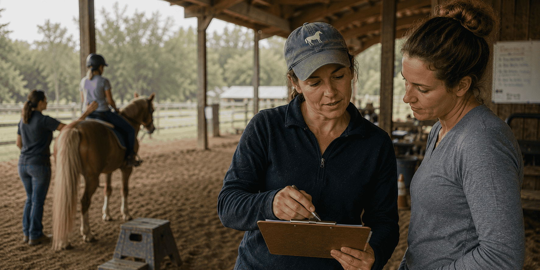 Adaptive riding instructor reviewing notes with a trainee during a lesson in a rustic covered arena.