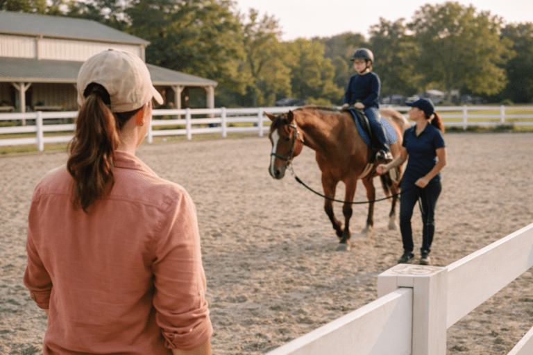 Visitor observing a therapeutic riding session at an equine therapy center with instructor and participant in a calm outdoor arena.