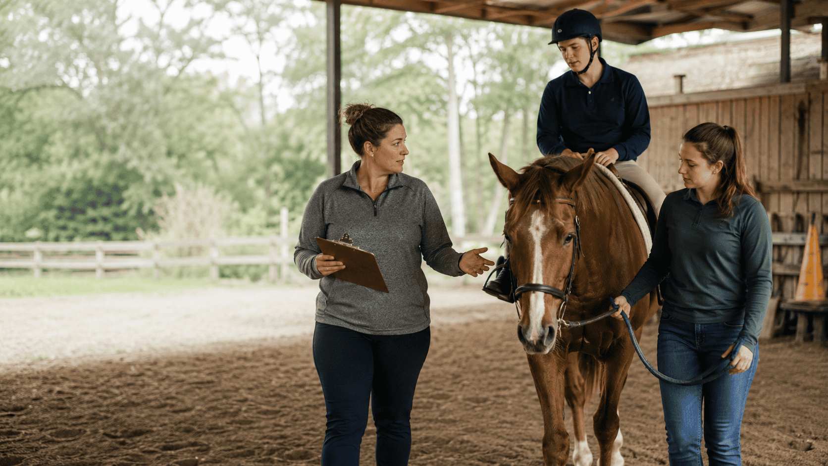 Clinician and horse handler supporting a mounted rider during a hippotherapy training session in a rustic covered arena.