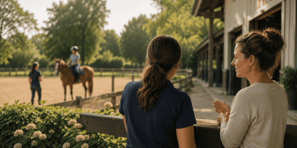 Two women talking beside a riding arena at an equine therapy center.