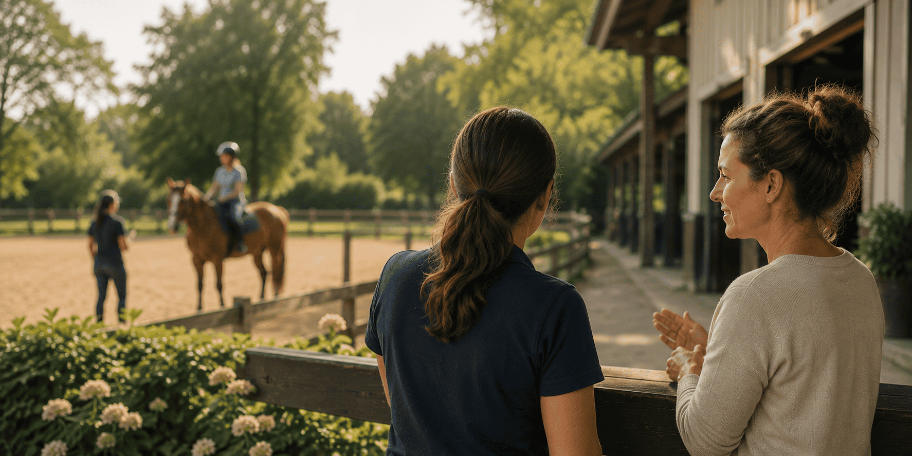 Two women talking beside a riding arena at an equine therapy center.