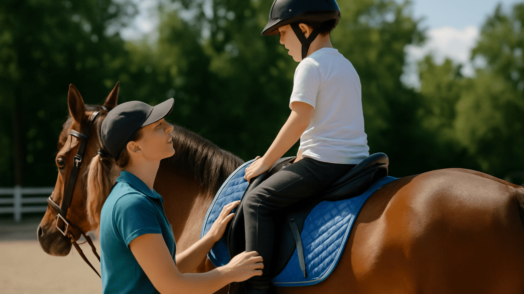 A female equestrian therapist walks beside a calm bay horse along a dirt path at sunrise, gently guiding its bridle. She wears a helmet, gloves, and a navy vest, while the horse’s breath clouds slightly in the cool morning light. Soft golden light illuminates rolling hills and a fenced paddock in the background, creating a peaceful training environment.