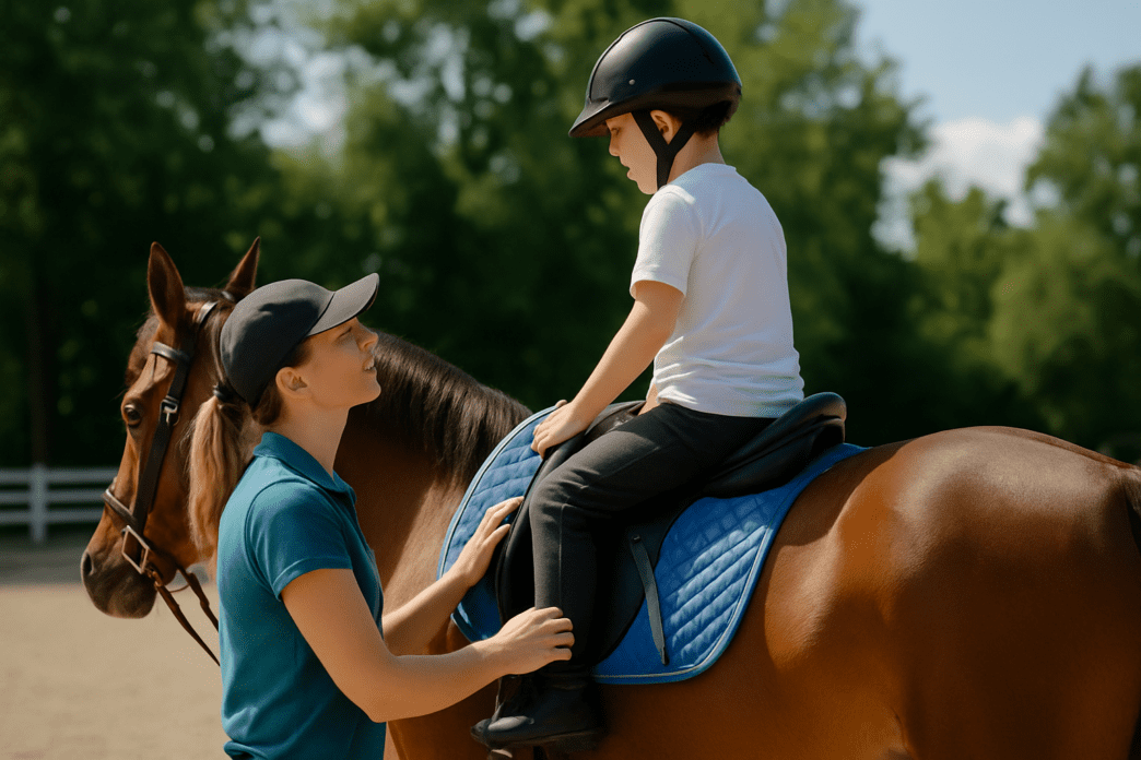 A female equestrian therapist walks beside a calm bay horse along a dirt path at sunrise, gently guiding its bridle. She wears a helmet, gloves, and a navy vest, while the horse’s breath clouds slightly in the cool morning light. Soft golden light illuminates rolling hills and a fenced paddock in the background, creating a peaceful training environment.