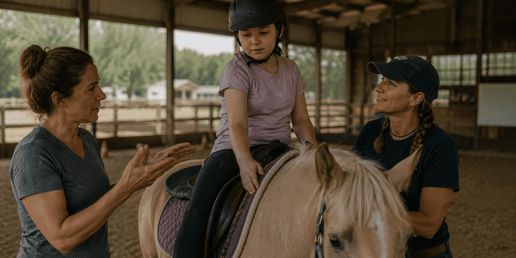 Child riding a therapy horse with two professionals providing support in a covered barn arena.