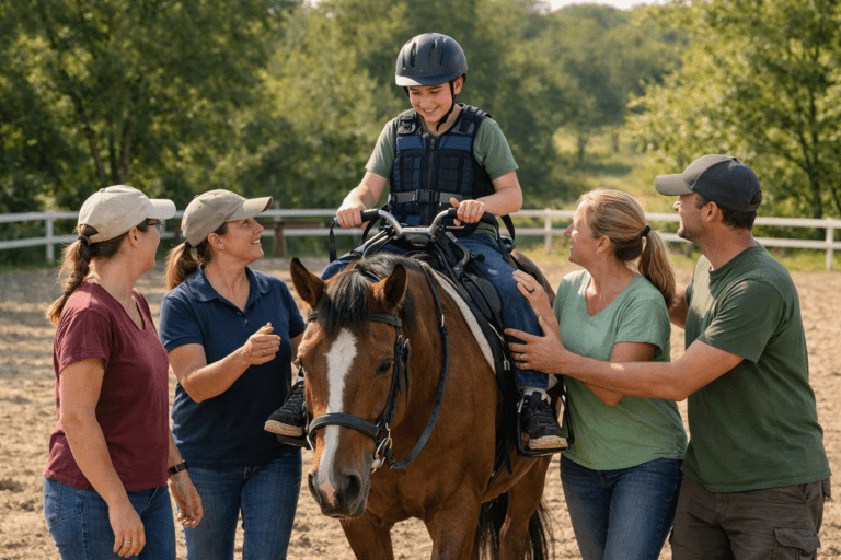 Participant riding a therapy horse with adaptive equipment, supported by an instructor and side walkers in an outdoor arena.