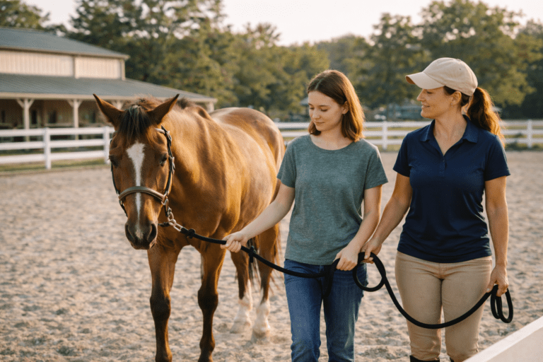 Person leading a calm horse during an equine therapy session with facilitator support in an outdoor arena.