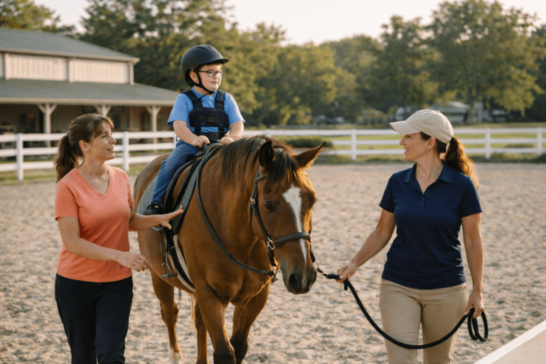 Child with cerebral palsy participating in a supported equine therapy session with instructor and side walkers in an outdoor arena.