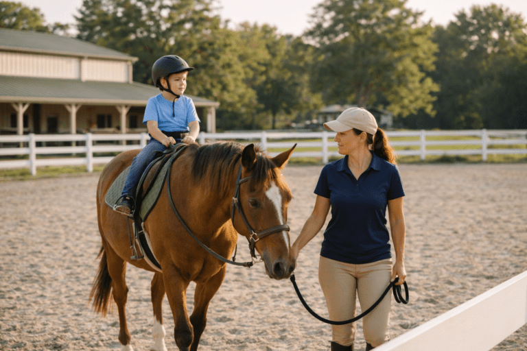 Child riding a therapy horse with instructor support during an equine therapy session in an outdoor arena.