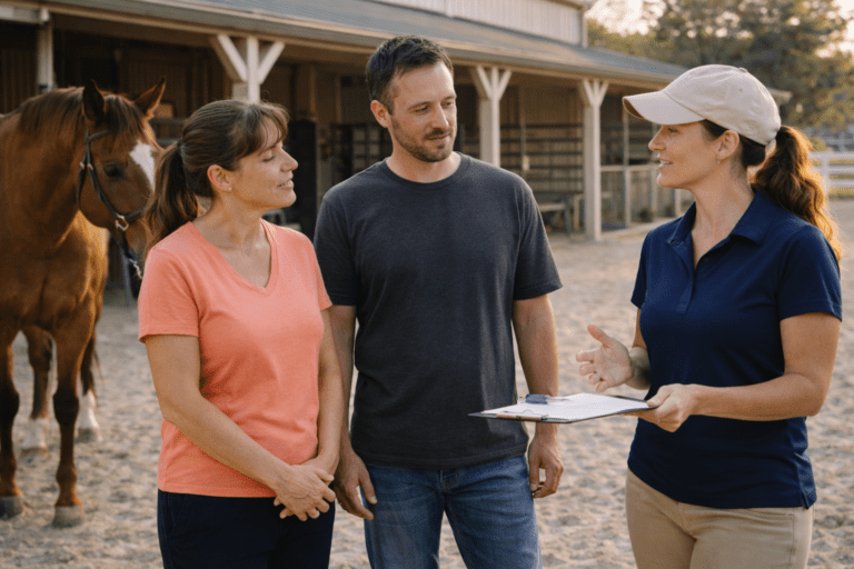 Family and adult participant speaking with equine therapy center staff about funding options in a welcoming barn setting.