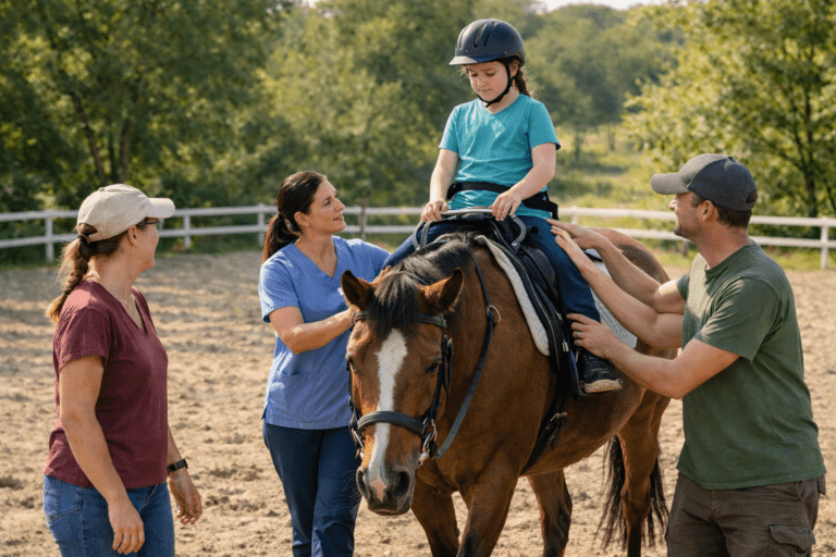 Participant receiving hippotherapy from a therapist on a walking horse with side walkers assisting in a structured outdoor setting.