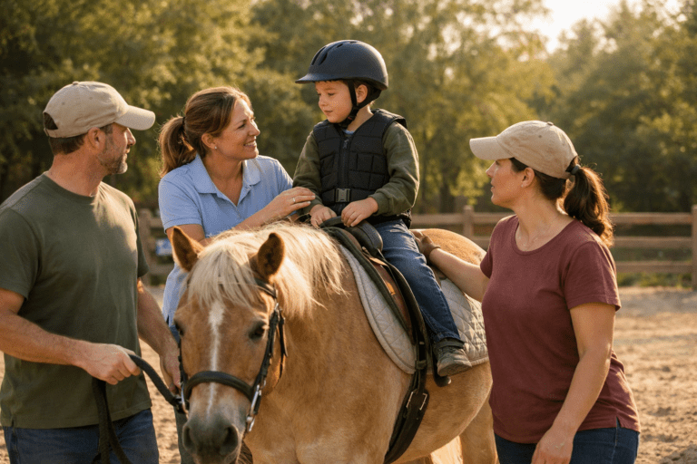 Child participating in a hippotherapy session with a licensed therapist and side walkers assisting on a calm horse in an outdoor arena.