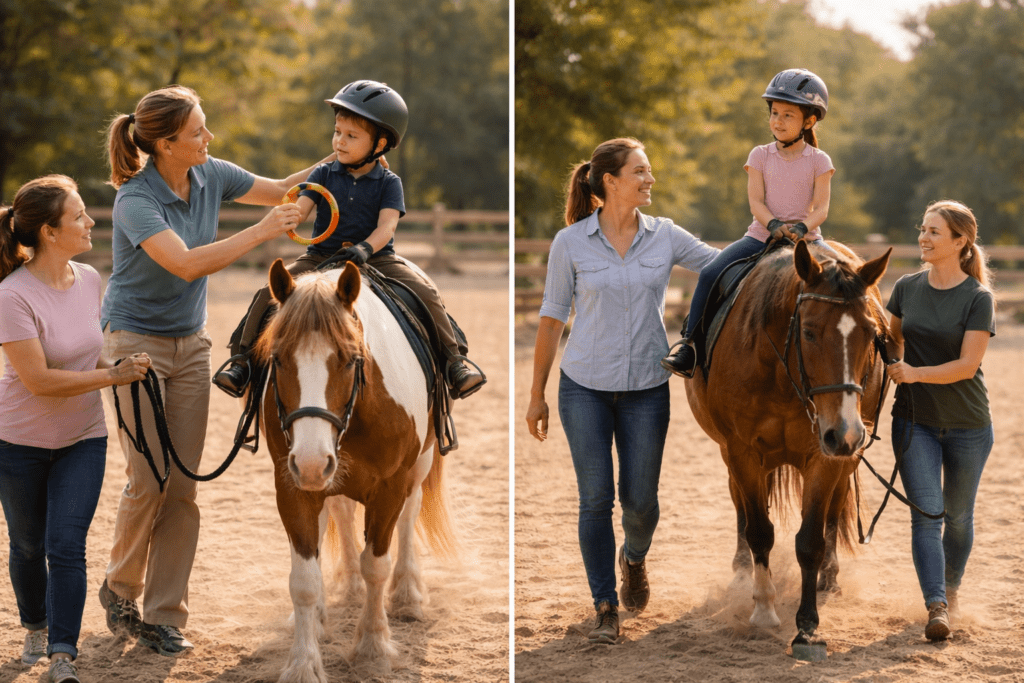Comparison of hippotherapy and therapeutic riding sessions showing therapist-led clinical work and instructor-led riding lesson in an outdoor arena.