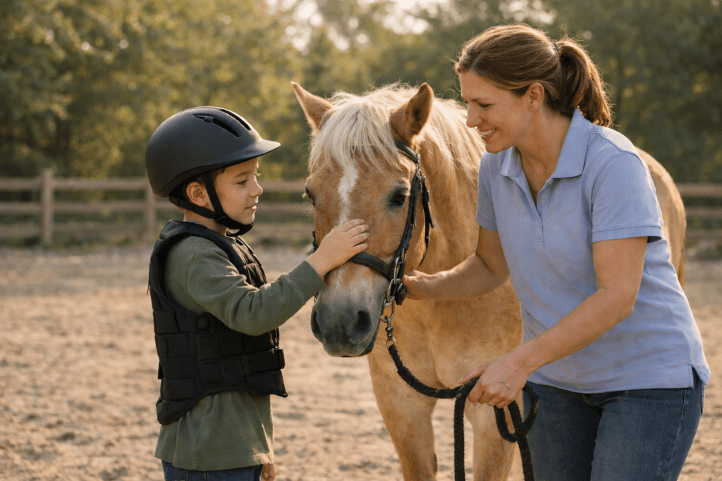 Child interacting with a therapy horse during an equine therapy session with an instructor in a calm outdoor arena.