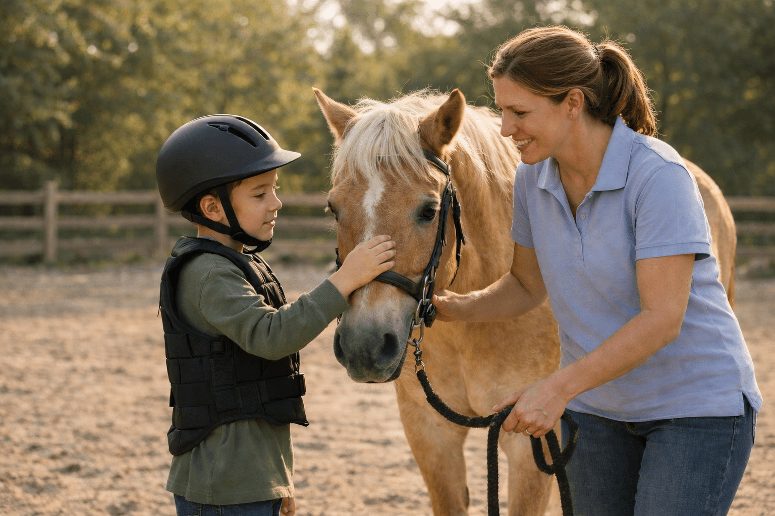 Child interacting with a therapy horse during an equine therapy session with an instructor in a calm outdoor arena.