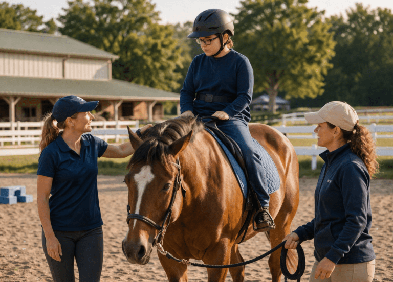 Therapeutic riding session at a PATH accredited equine therapy center with instructor guiding a participant in an outdoor arena.