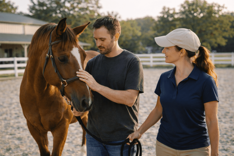 Adult participating in an equine therapy session with a calm horse and facilitator in a quiet outdoor arena.