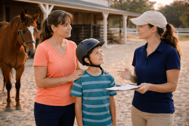 Parent and young child speaking with equine therapy staff about scholarship options beside a calm horse in a welcoming outdoor barn setting.
