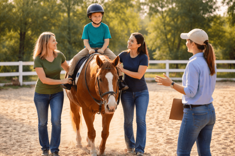 A therapeutic riding lesson with a rider on horseback, side walkers assisting, and an instructor guiding the session in an outdoor arena.