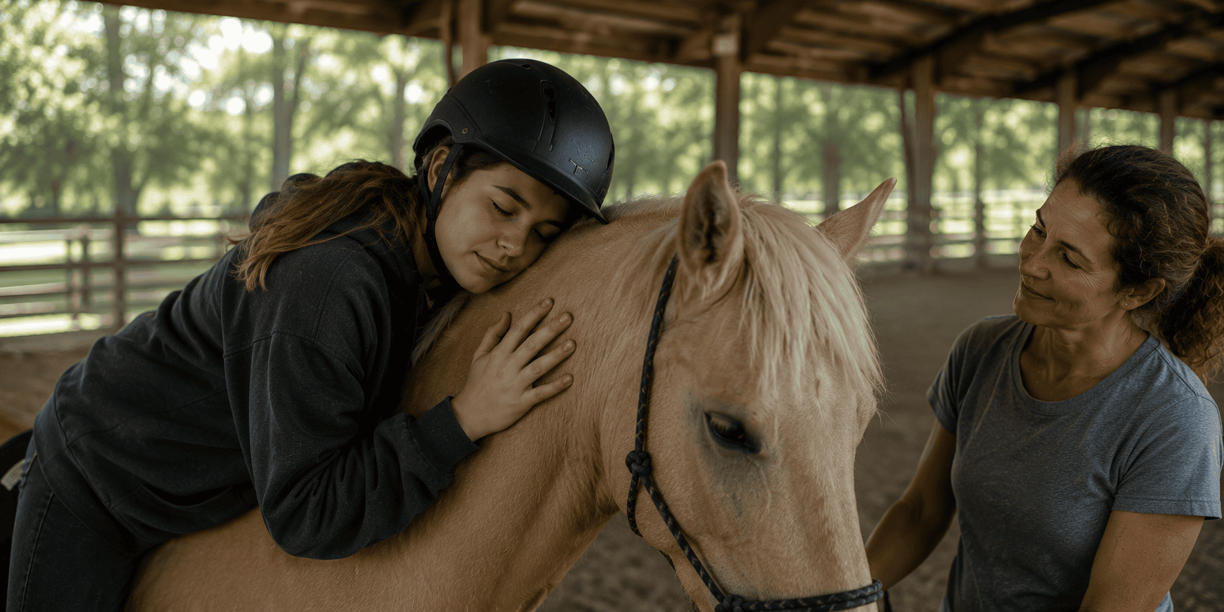 Young woman resting against a calm therapy horse while an instructor observes in a covered arena.