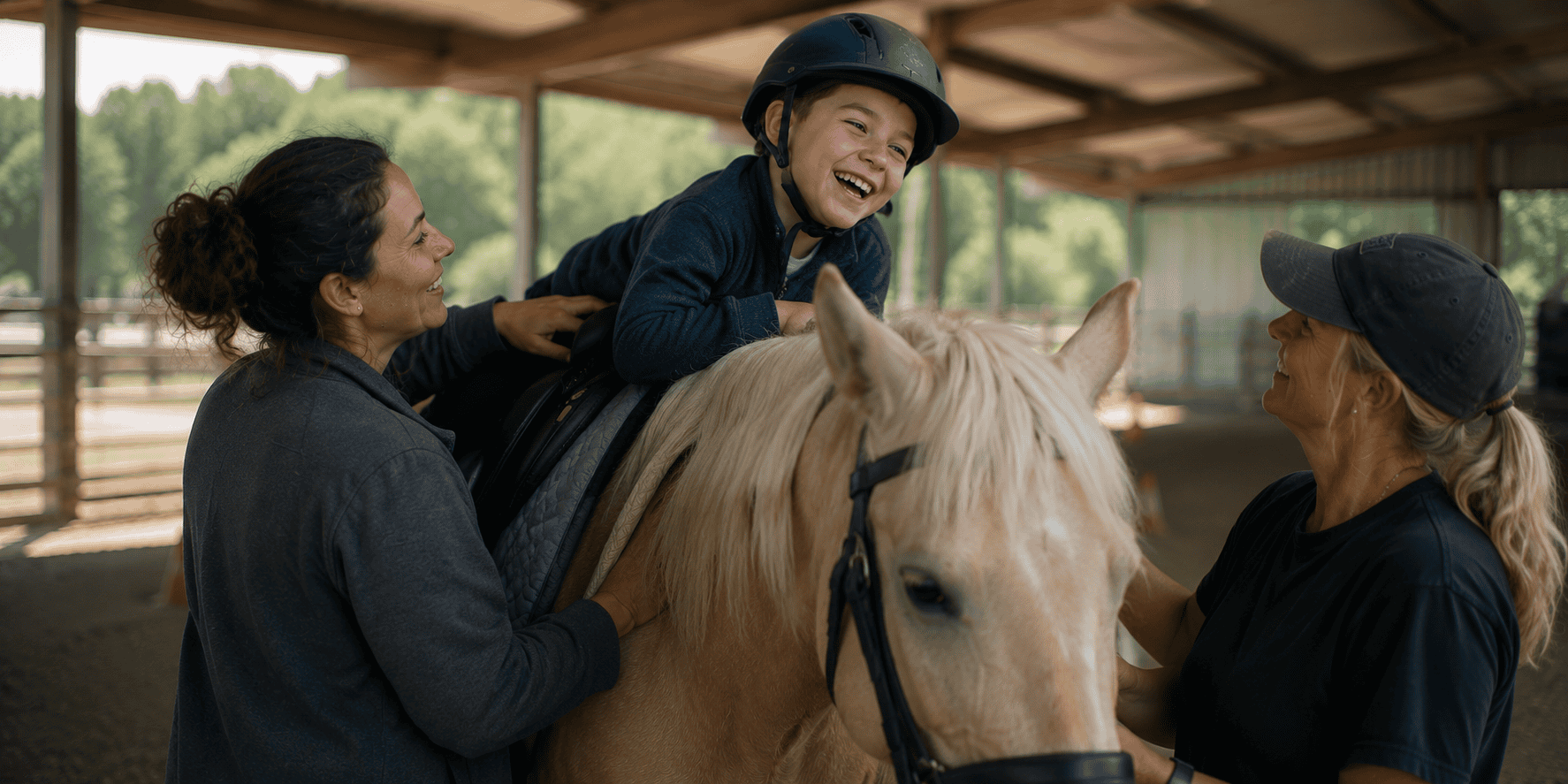 Boy with cerebral palsy riding a therapy horse with two adults providing support in a covered arena.