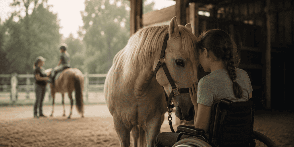 Child in a wheelchair sharing a quiet moment with a therapy horse inside a softly lit barn.