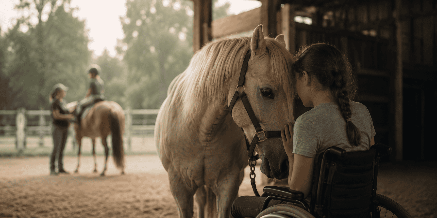 Child in a wheelchair sharing a quiet moment with a therapy horse inside a softly lit barn.