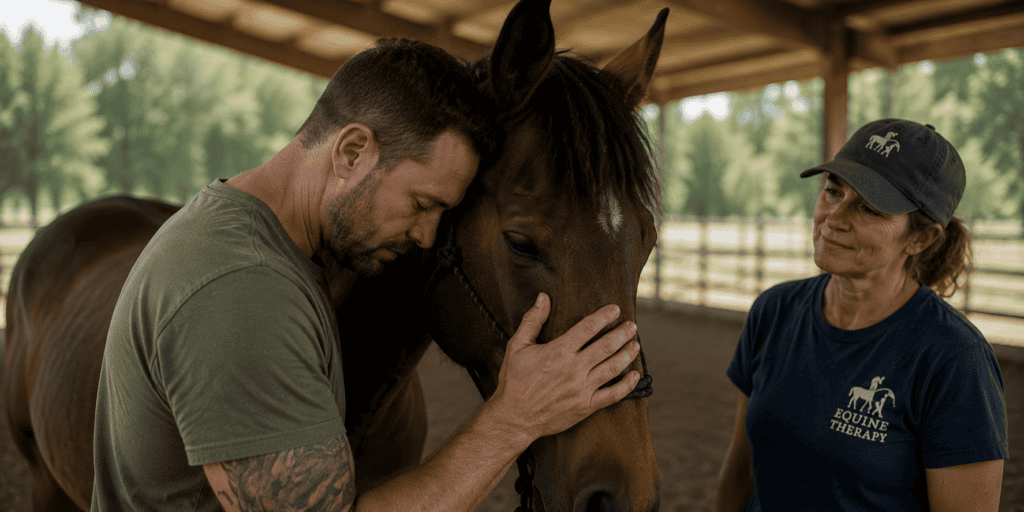 Man sharing a quiet moment with a therapy horse while a support person observes in a covered arena.