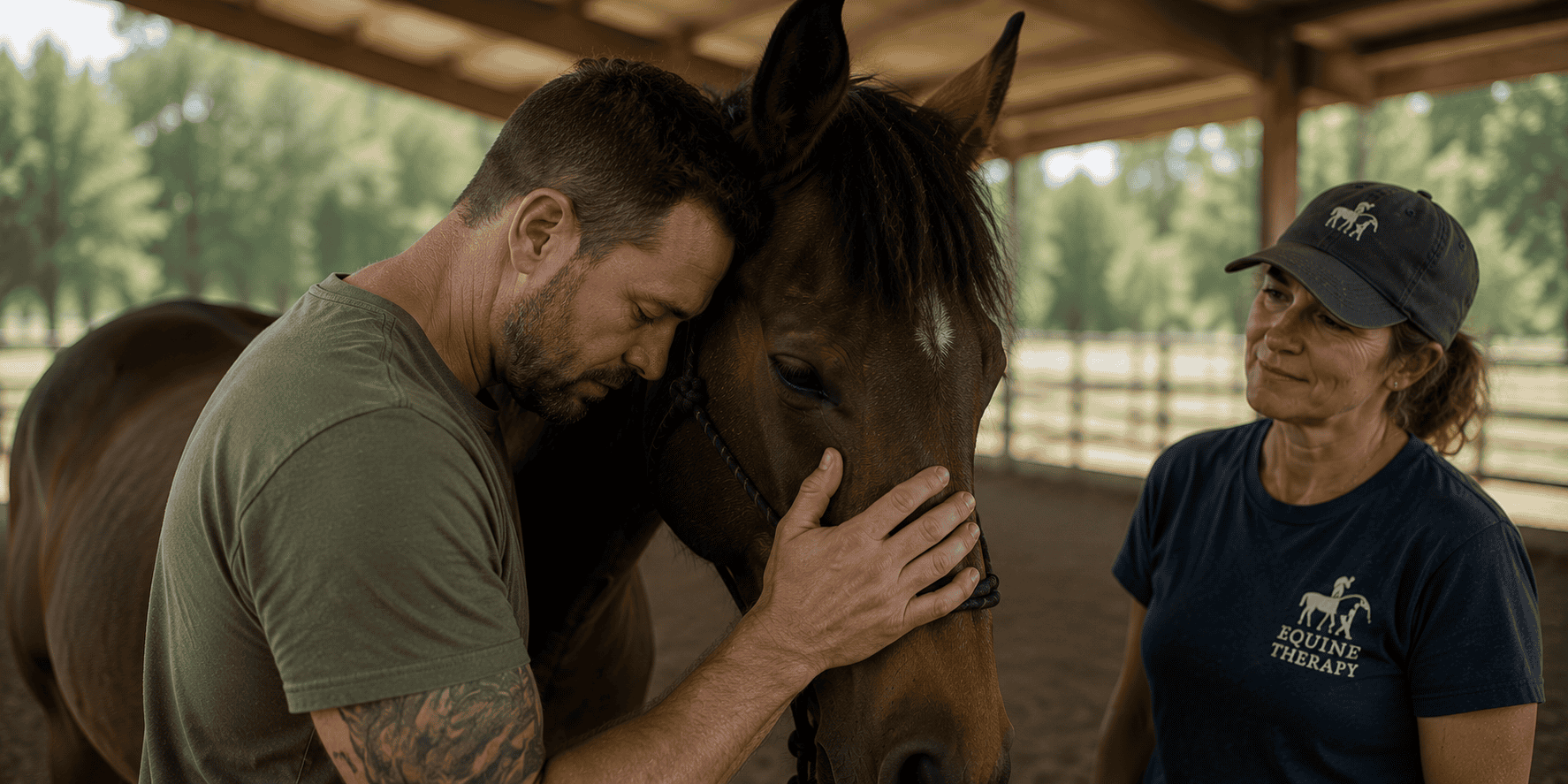 Man sharing a quiet moment with a therapy horse while a support person observes in a covered arena.
