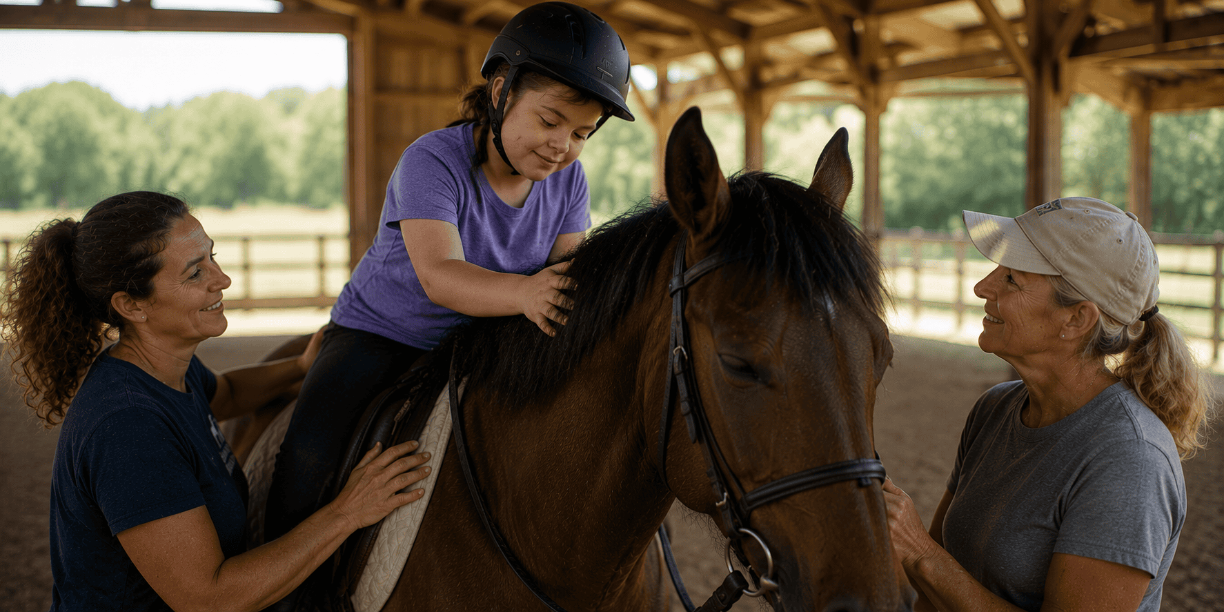 Young rider gently petting a therapy horse while two adults provide support in a covered riding arena.