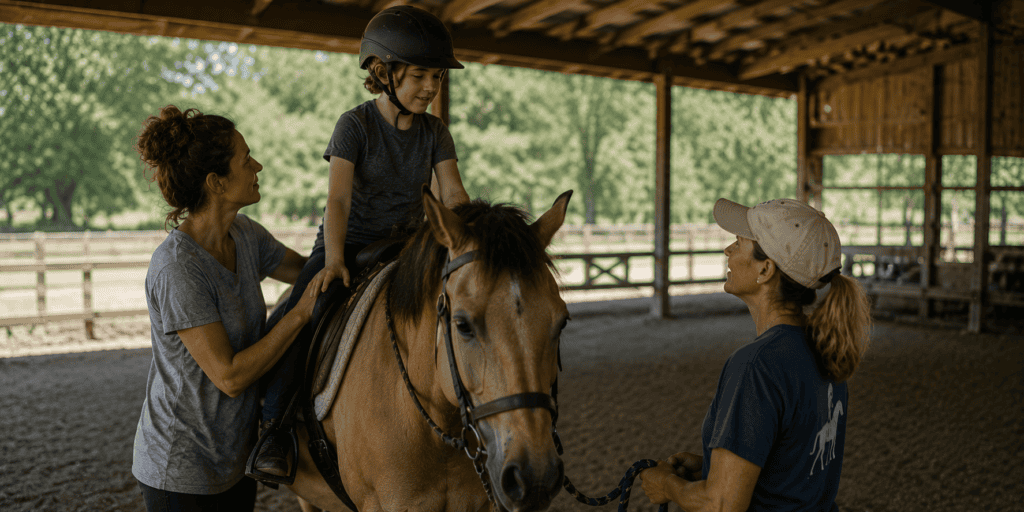 Young rider on a therapy horse with two adults providing support in a covered arena.