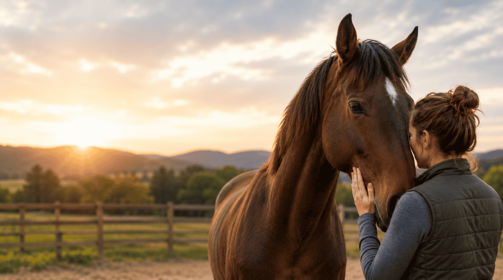 Therapist gently interacting with a horse during an outdoor equine-assisted psychotherapy session.