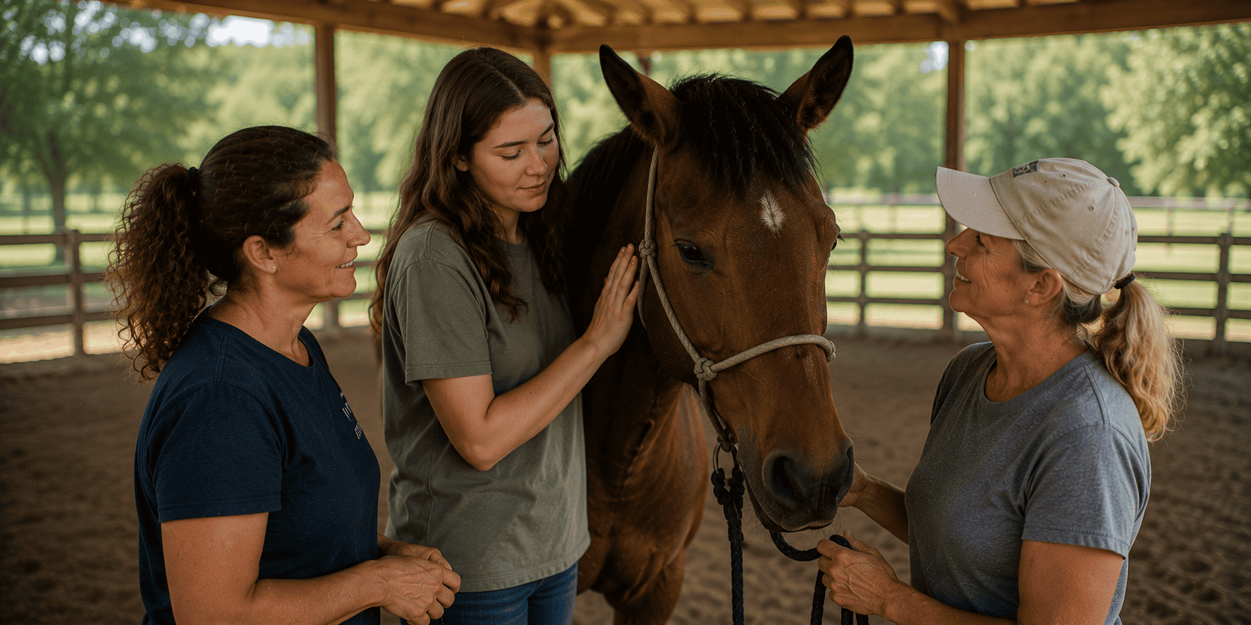 Young woman standing beside a calm horse while two facilitators observe in a covered arena.