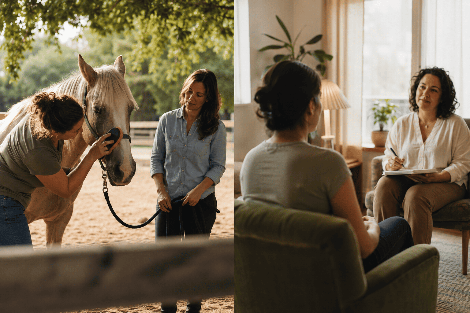 Split comparison showing an equine therapy session with a horse outdoors and a traditional talk therapy session in an office.